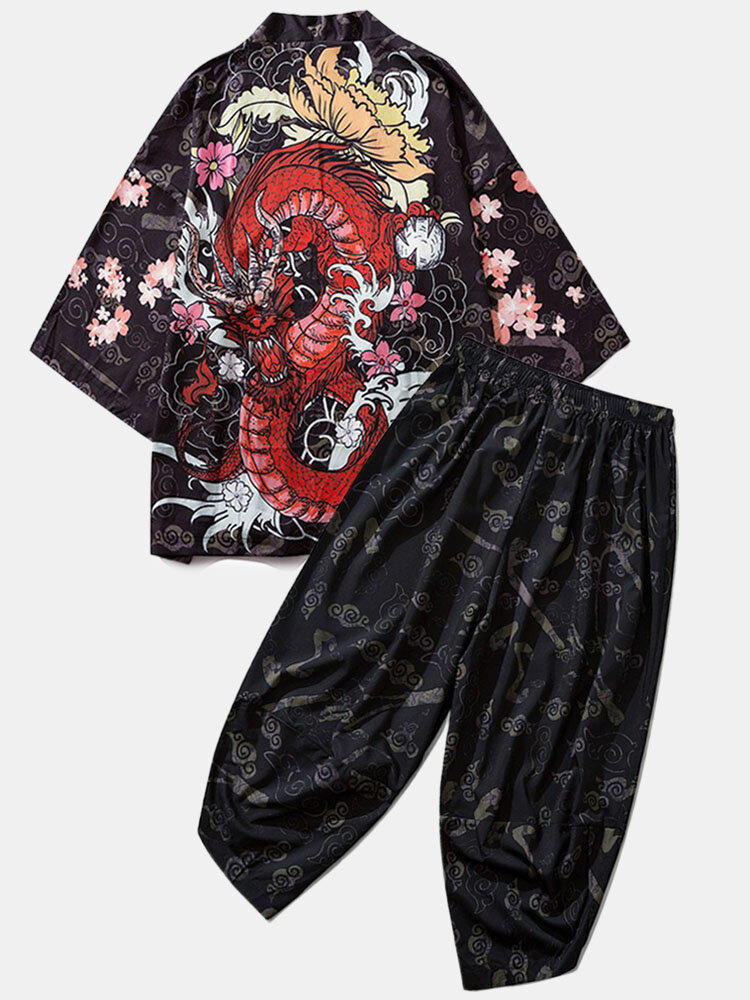 Mens Ethnic Style Loong Gragon Print Kimono Elastic Waist Two Piece Outfits
