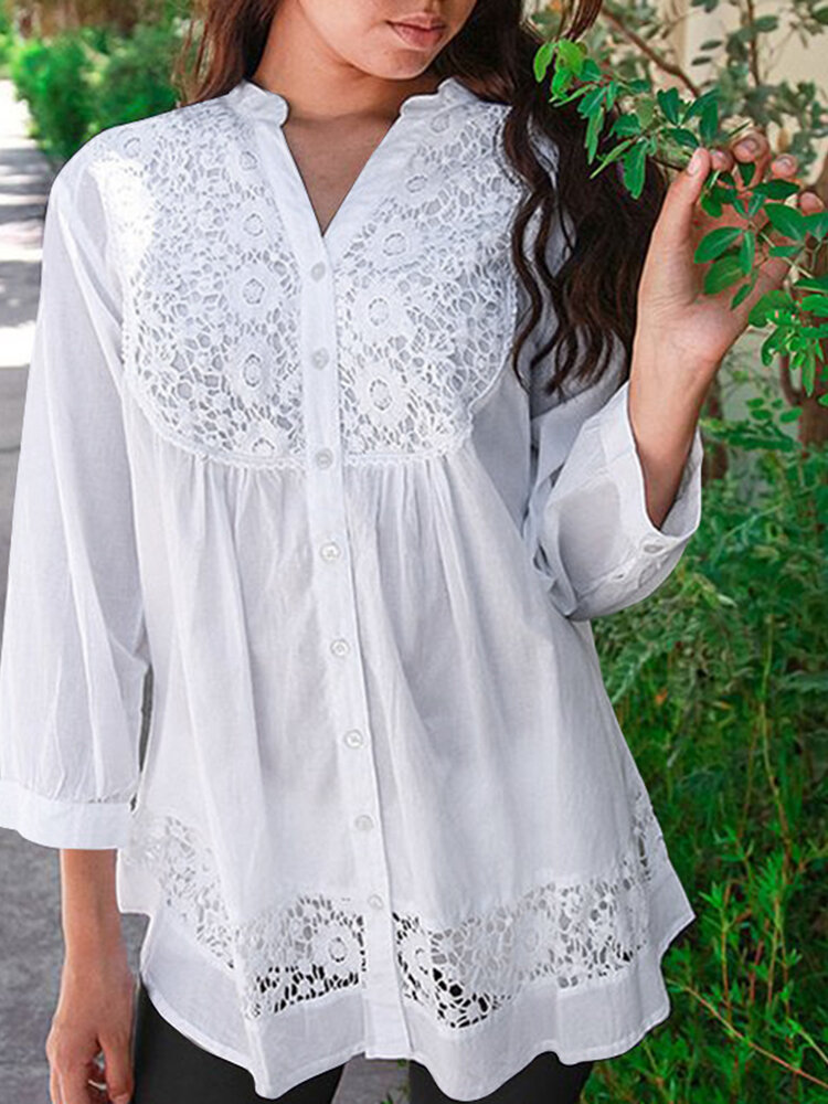 Lace Panel Button Front 3/4 Sleeve V-neck Blouse
