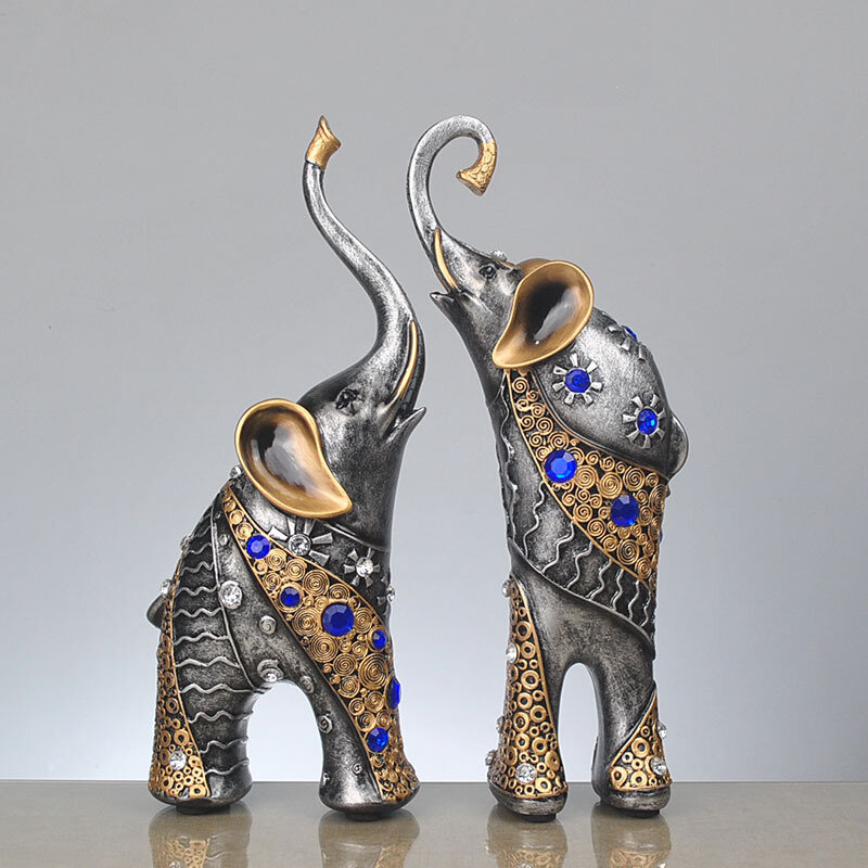 A Couple of Elephant Ornaments Resin Crafts with Diamond Simple Modern Home Decor  