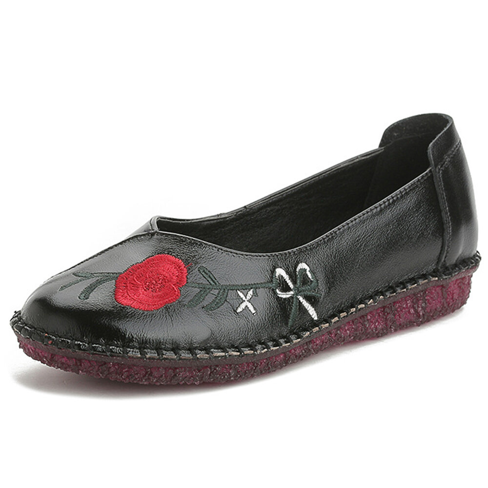 Embroidered Flower Leather Retro Soft Flat Loafers