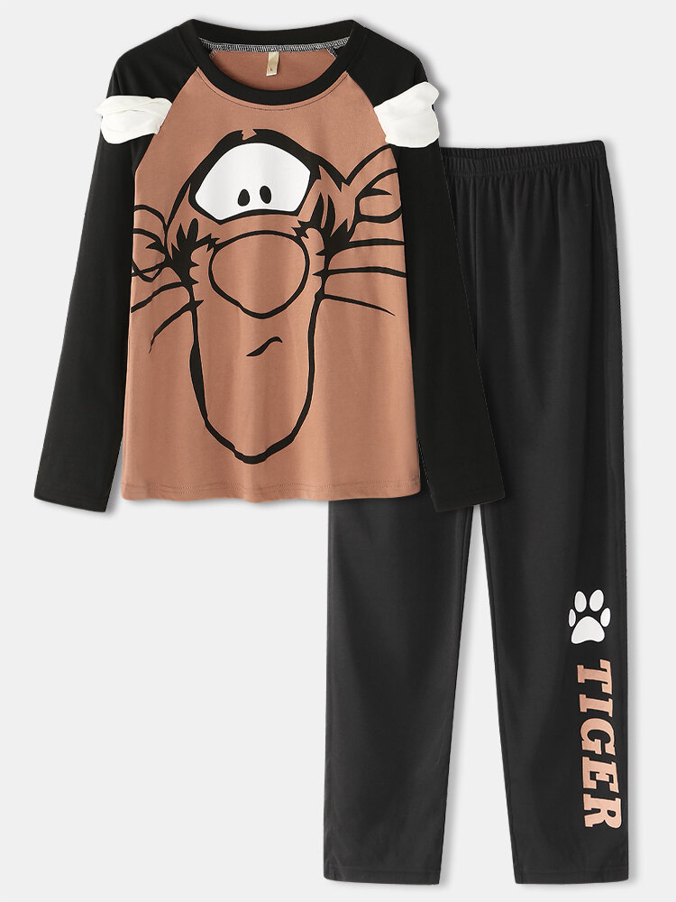 

Women Cartoon Tiger Raglan Sleeve Elastic Waist Pants Home Pajamas Set, Coffee
