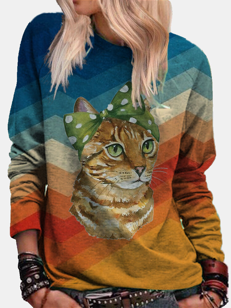 Cartoon Cat Printed Long Sleeve O-neck Sweatshirt For Women