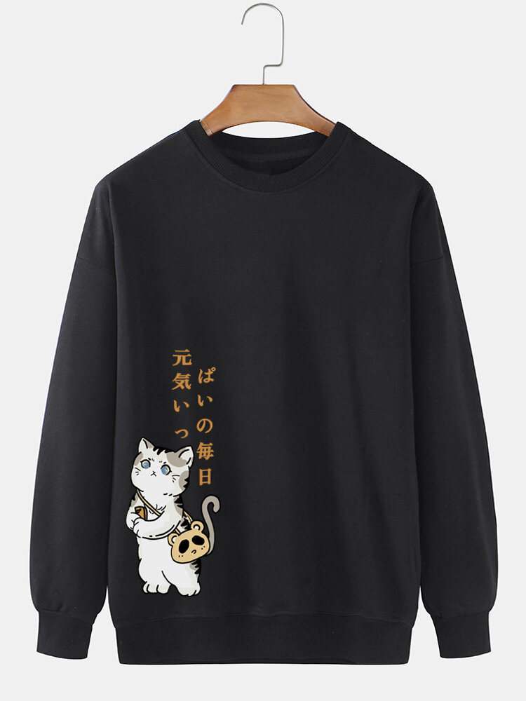 Mens Japanese Cat Side Print Crew Neck Pullover Sweatshirts