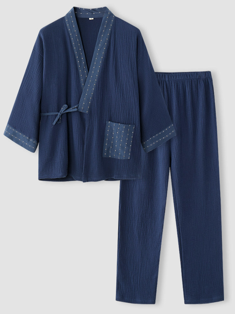 Men Ribbed Pure Cotton Kimono Contrast Patchwork Pajamas Sets With Pocket