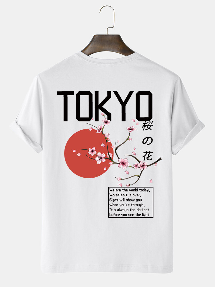 Mens Tokyo Cherry Blossoms Back Print Cotton Short Sleeve T-Shirts
