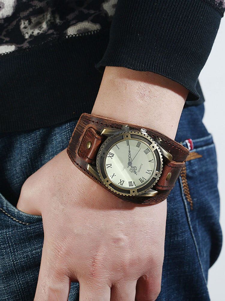 Vintage Cow Leather Bracelet Watch Adjustable Strap Roman Numerals Men Quartz Watch