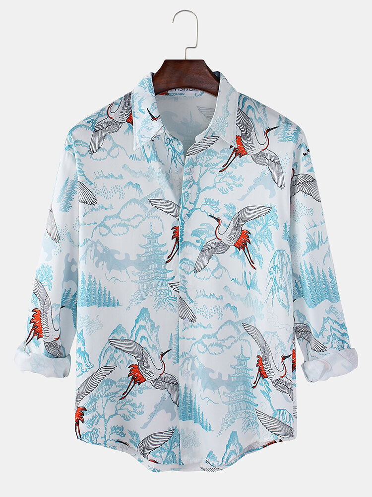 Mens Allover Flying Crane Landscape Printed Casual Long Sleeve Shirts