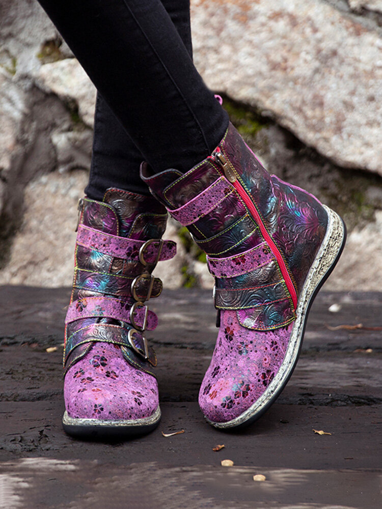 Socofy Casual Retro Ethnic Floral Print Leather Patchwork Metal Buckle Side-zip  Biker Flat Boots