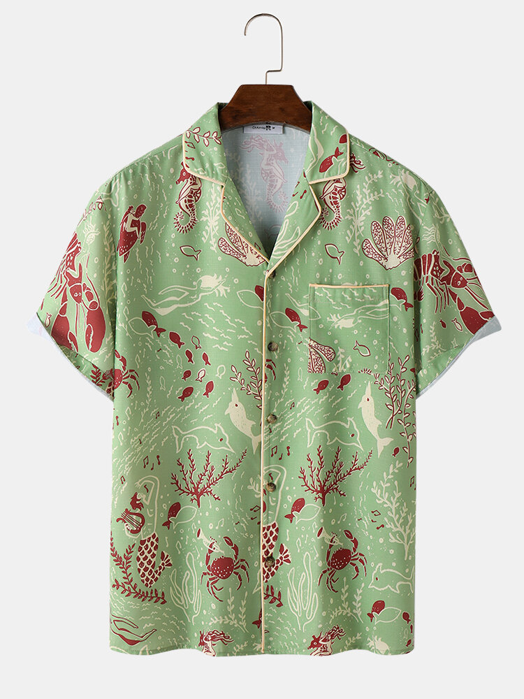 

Mens Allover Marine Life Print Revere Collar Short Sleeve Shirts, Green