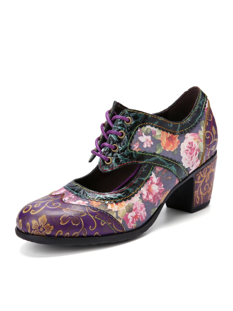 Socofy Women Vintage Floral Print Leather Patchwork Adjustable Lace Up Chunky Heel Mary Jane Pumps