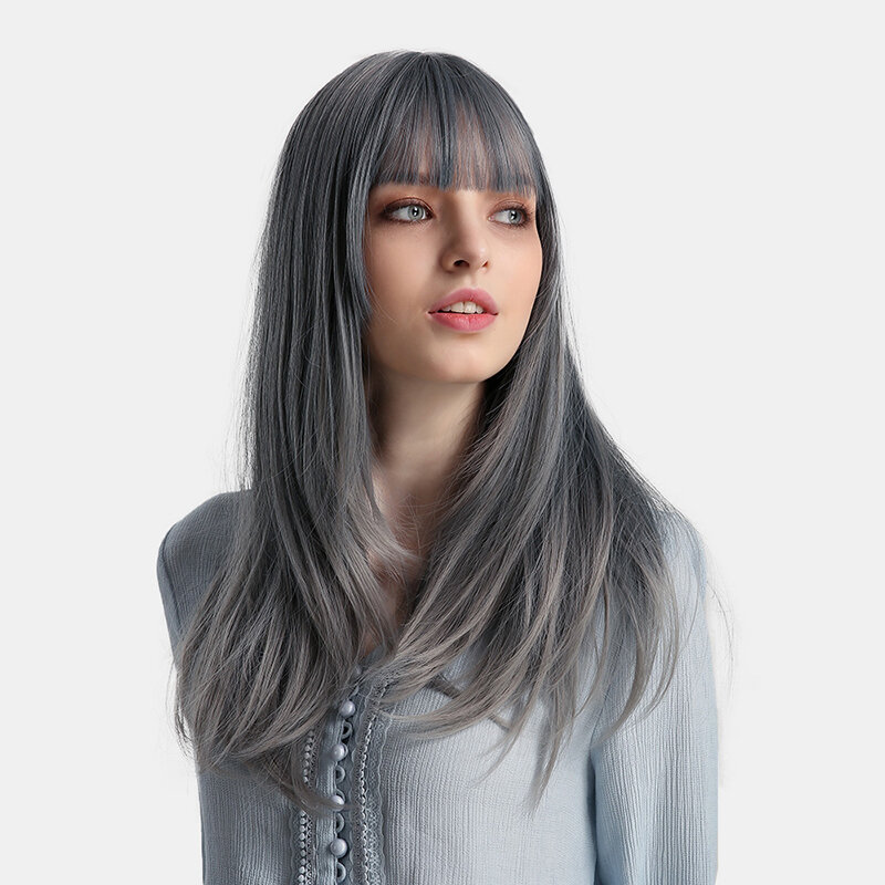 22 inch Cyan Grey Color Long Straight Hair Synthetic Wig