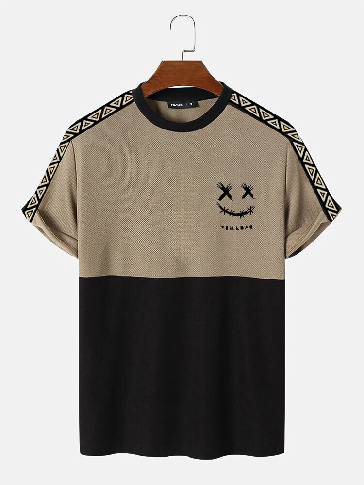 Mens Smile Face Geometric Print Patchwork Knit Short Sleeve T-Shirts