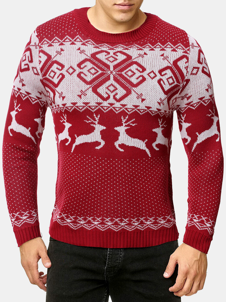 Mens Christmas Reindeer Knitted Round Neck Casual Relaxed Fit Sweater