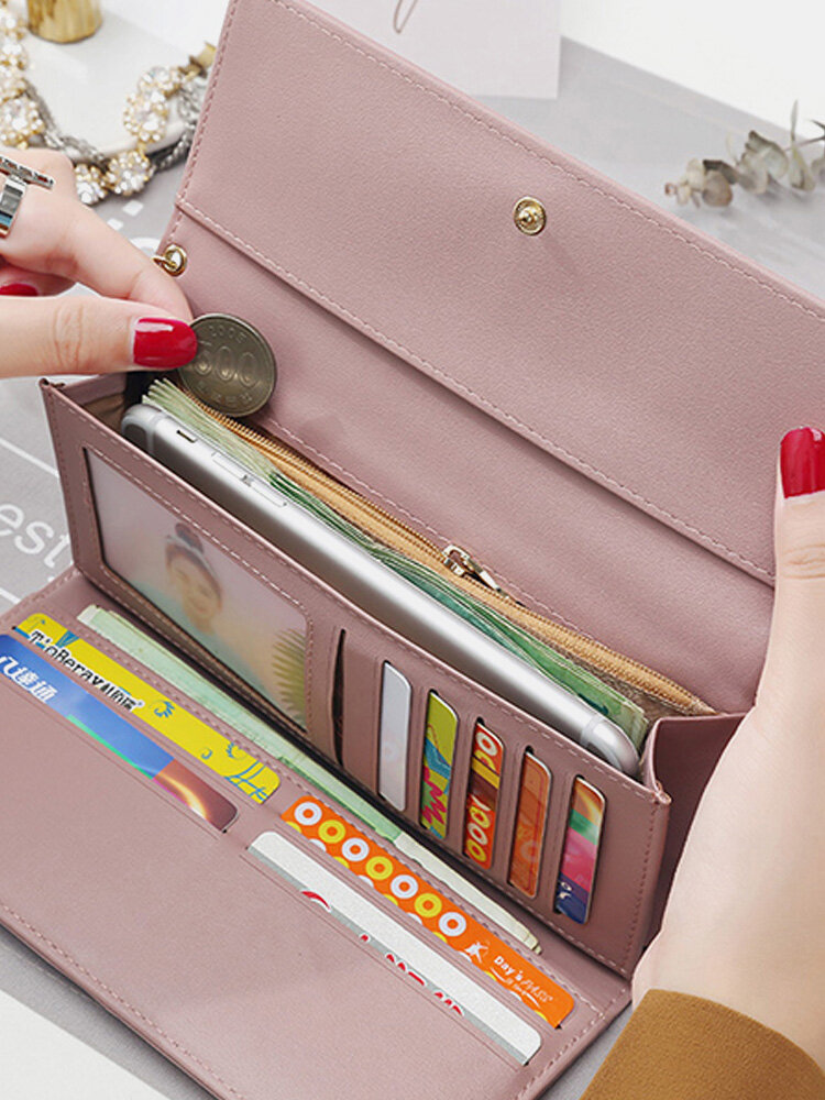 Women Faux Leather Solid Multi-function Long Wallet 9 Card Slots Phone Clutch Bags 