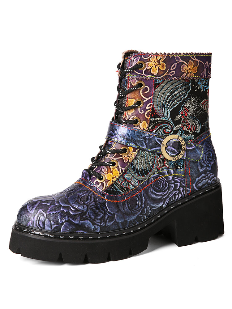 Socofy Retro Ethnic Embossed Embroidery Leather Side-zip Comfy Warm Lining Platform Short Combat Boots