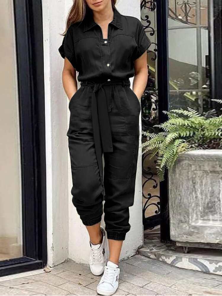 Women Solid Lapel Casual Short Sleeve Cargo Jumpsuit With Belt