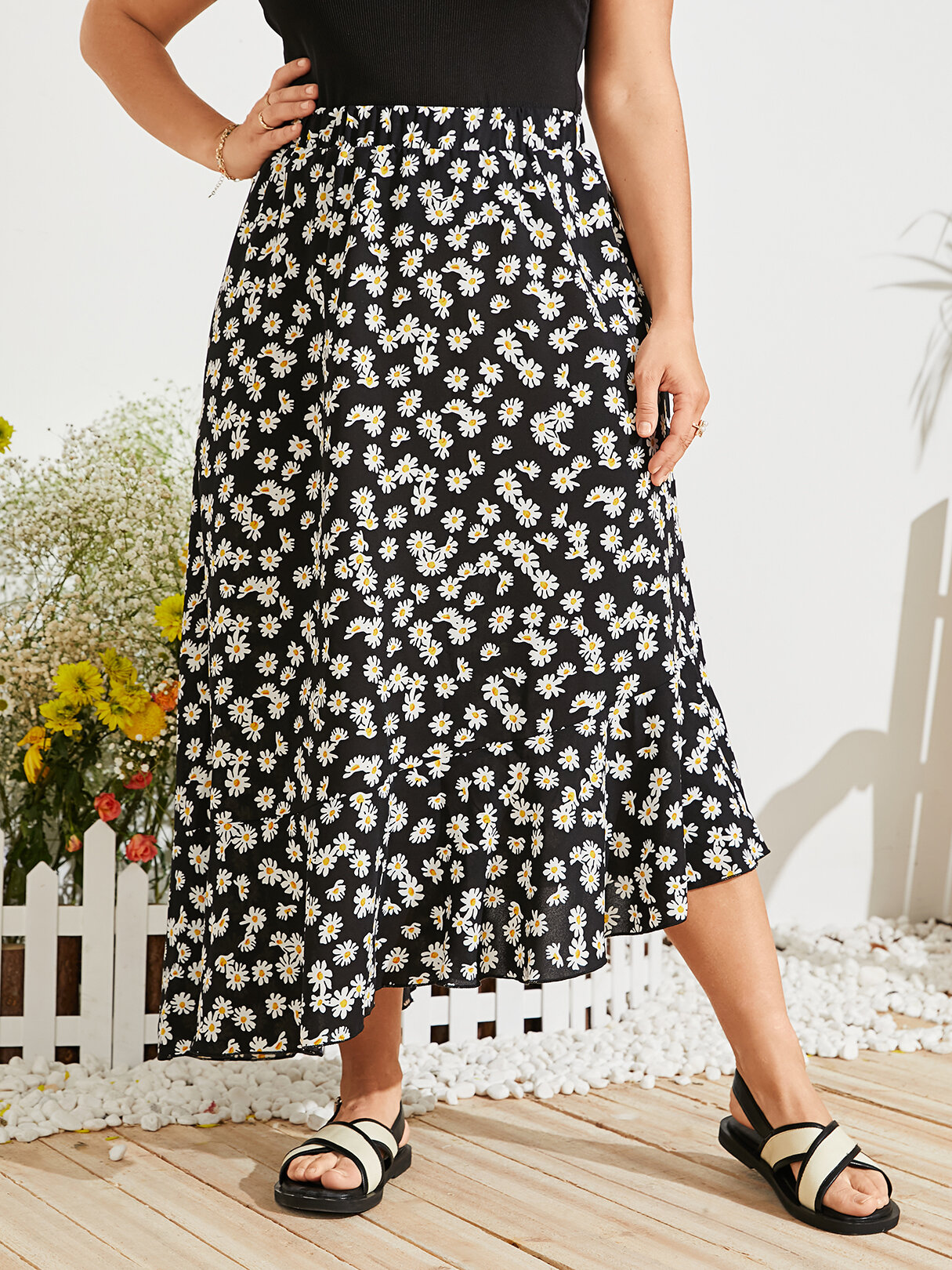 Plus Size Resort Wear High-Low Hem Calico Maxi Skirt