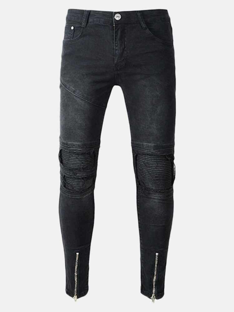 

Black Biker Fold Holes Zipper Slim Ripped Jeans for Men