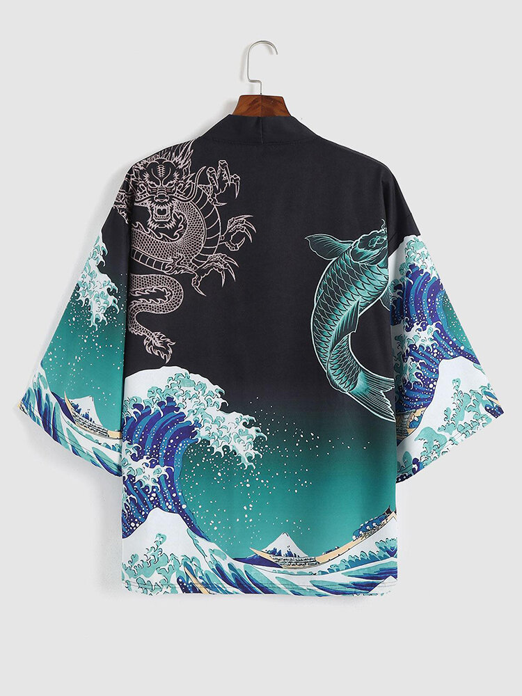 Mens Wave Animal Print Japanese Style 3/4 Sleeve Kimono