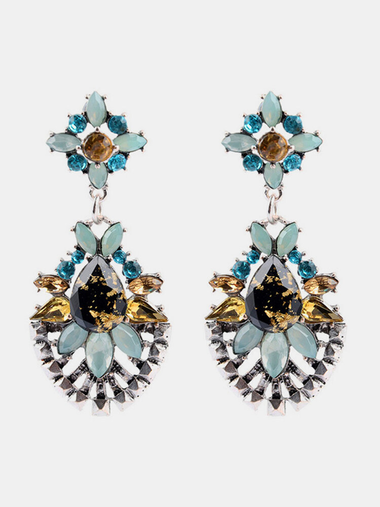 Vintage Water Drop Gem Pendant Earrings Geometric Crystal Flower Stud Earrings Chic Jewelry