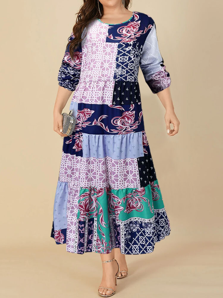 Plus Size Vintage Patchwork O-neck Loose Ethnic Print Dress