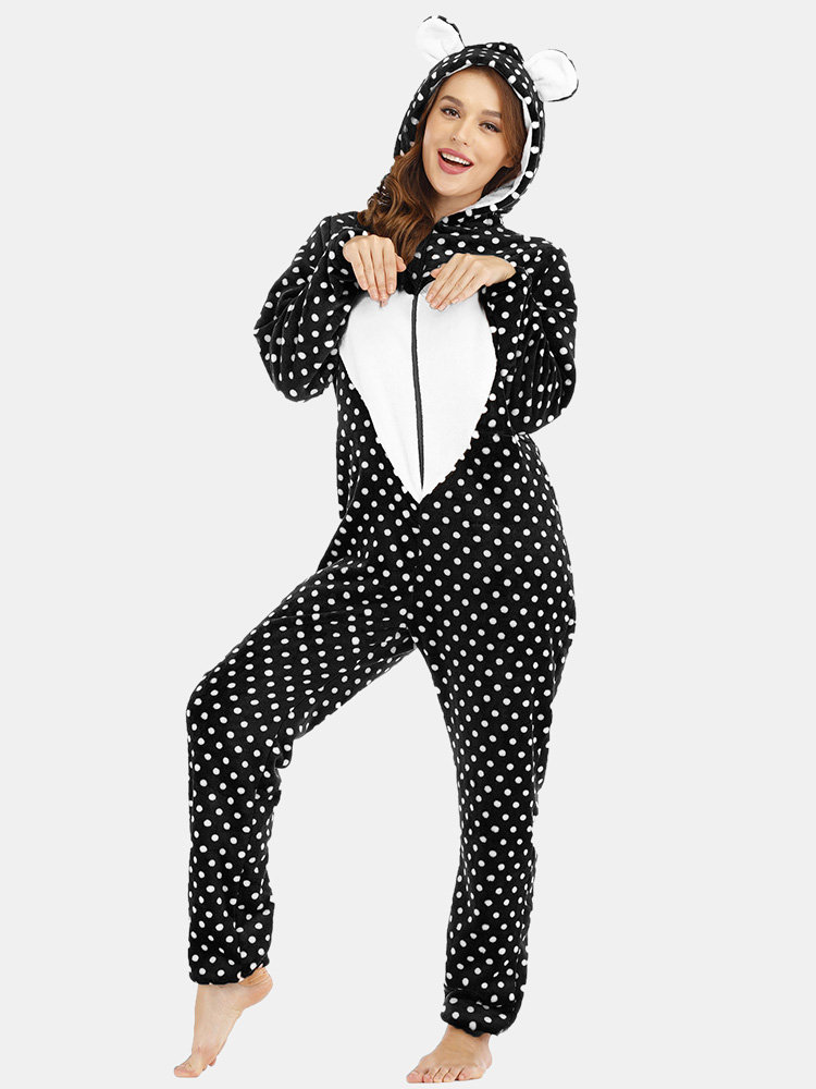 Plus Size Cute Flannels Onesies Pajamas Hooded Hearts Polka Dot Front Zipper Home Sleepwear