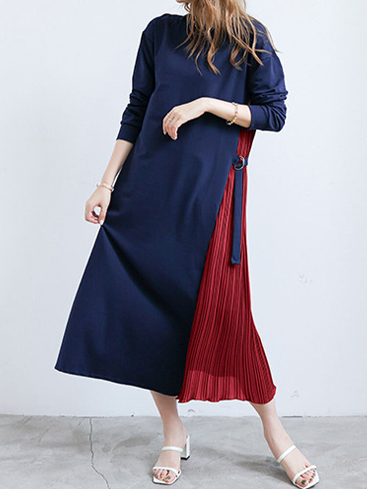 Contrast Color Pleated Stitch Long Sleeve Crew Neck Dress