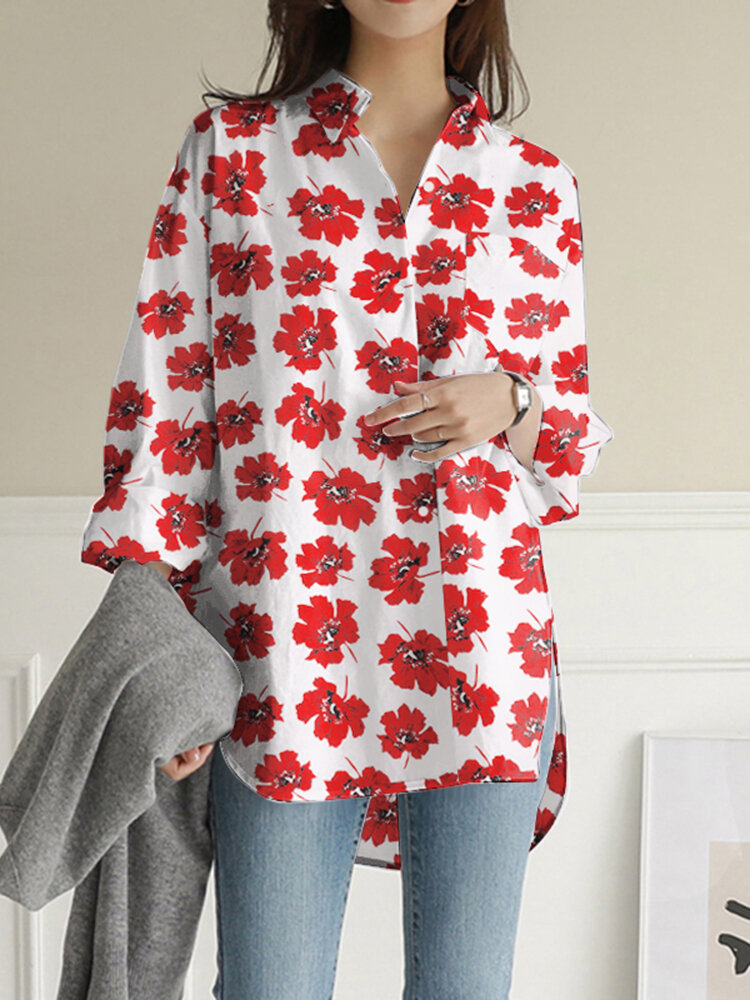 Women Floral Print Lapel High-Low Hem Long Sleeve Shirt