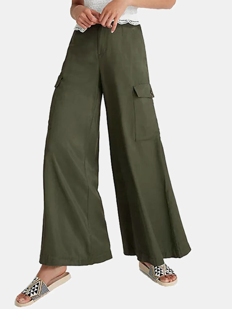 Color sólido Bolsillo Largo Informal Suelto Pantalones para Mujer