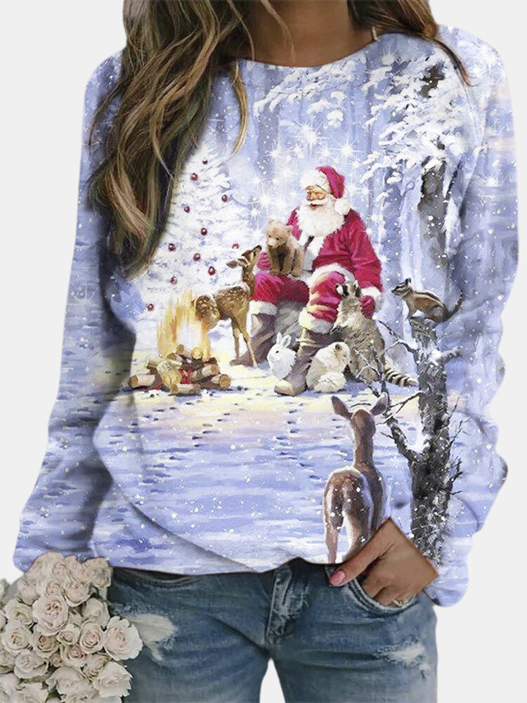 Christmas Santa Printed O-neck Pullover Graphic Sweatshirt For Women