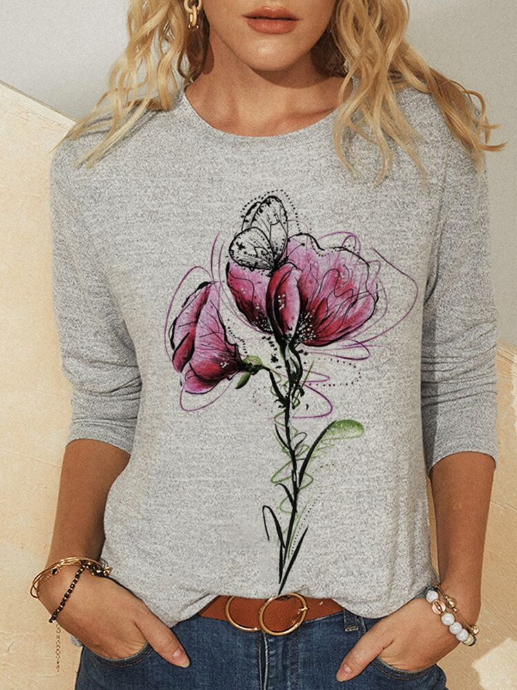 Повседневная футболка с круглым вырезом и длинными рукавами с принтом Calico For Женское