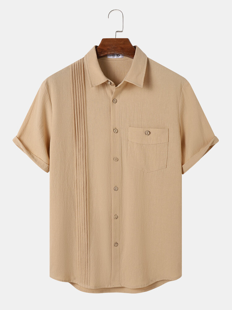 Mens Pleated Button Pocket Solid Color Cotton Short Sleeve Shirts