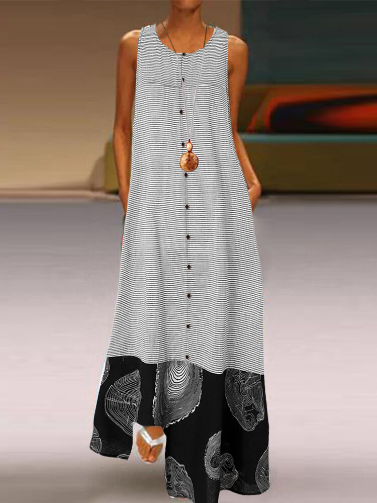Wood Grain Print Striped Patchwork Plus Size Maxi Dress