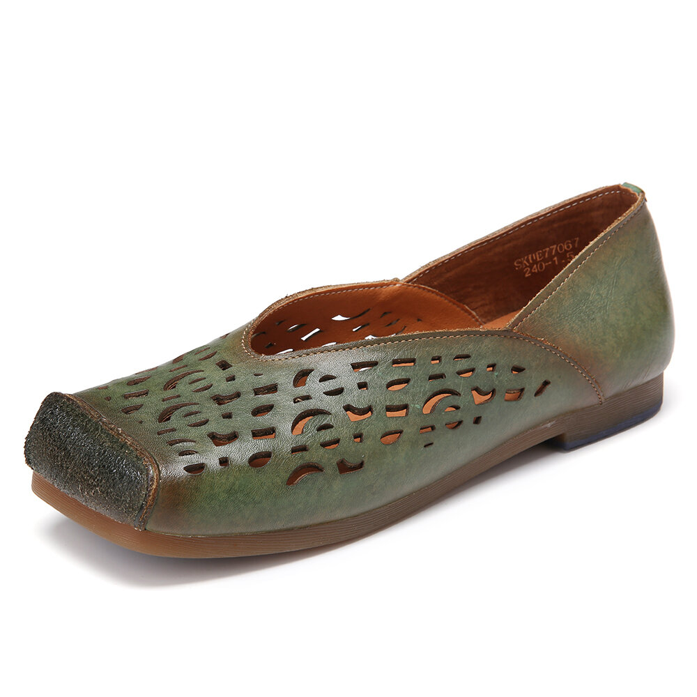 Distressed Leather Burnished Toe Cap Cutout Soft Slip-on Flat Shoes