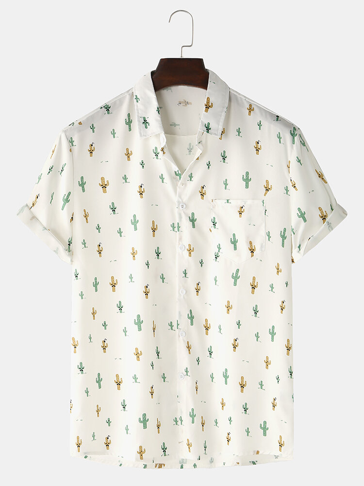 Mens Small Cactus Print Loose Light Chest Pocket Short Sleeve Shirts