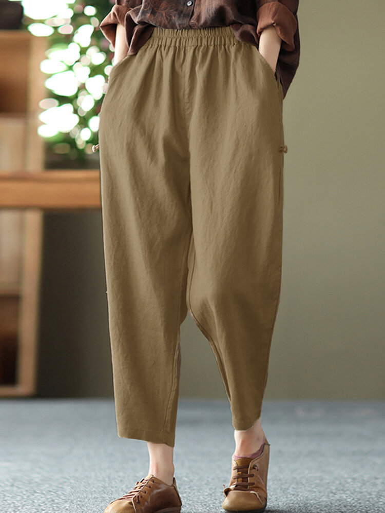 Solid Pocket Elastico in vita Casual Cotone Pantaloni
