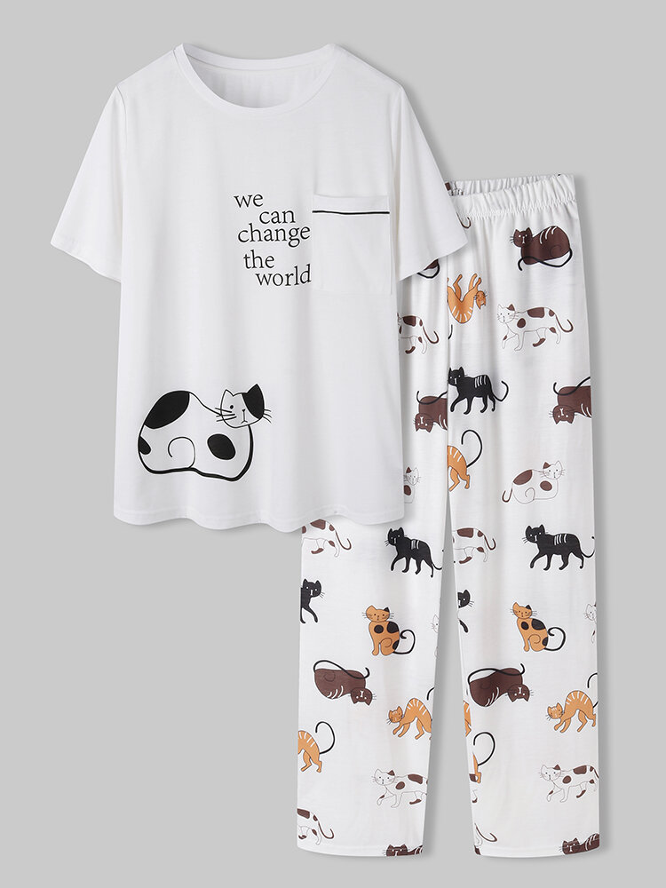Plus Size Women Cute Cartoon Cat Print O-Neck Short Sleeve Pajamas Sets