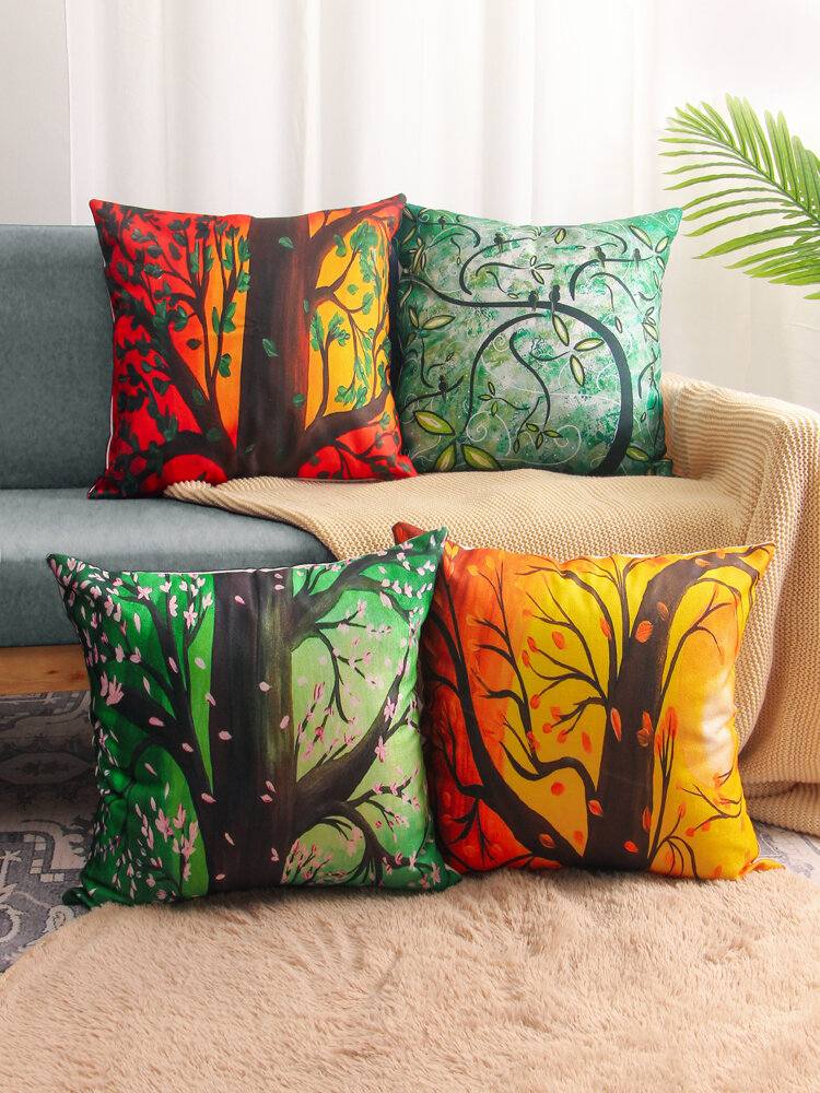 4 Pcs Landscape Oil Painting Colorful Tree Blooms Print Pillowcase Throw Pillow Cover Linen Sofa Home Car Cushion Cover