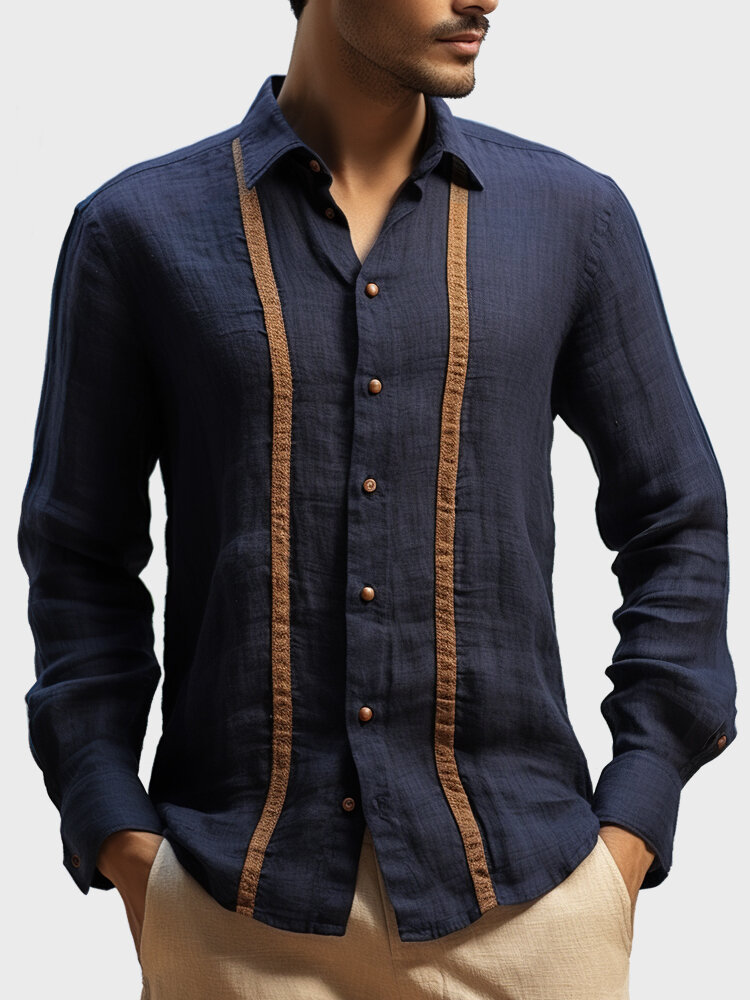 Camisas masculinas de lapela listrada com botões casuais de manga comprida