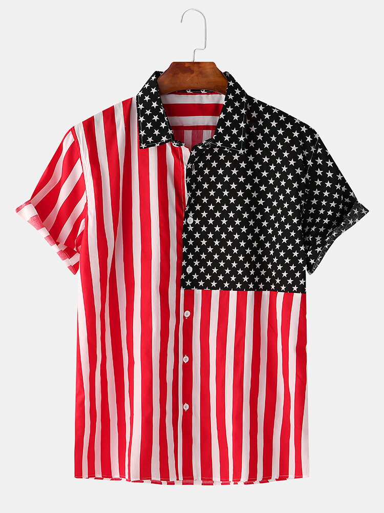 Mens Patchwork Star and Stripe Short Sleeve Shirts