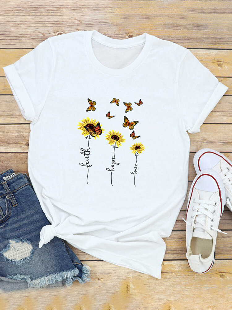 Sunflower Butterflies Print Short Sleeve T-shirt For Women