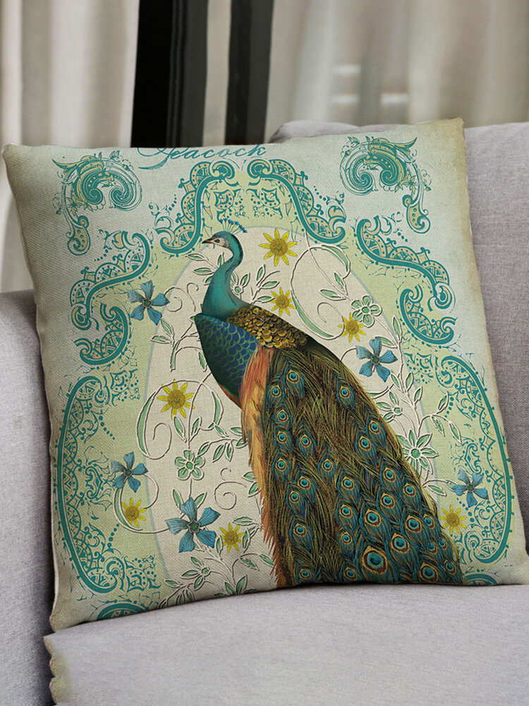Chinese Style Peacock Landscape Linen Throw Pillow Cover Home Sofa Office Back Cushion Cover