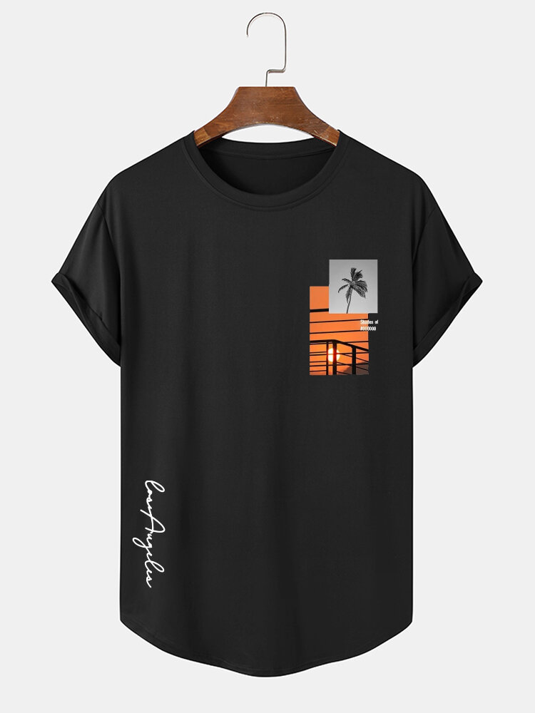 Herren-Kurzarm-T-Shirts mit Kokosnussbaum-Landschaftsgrafik und abgerundetem Saum