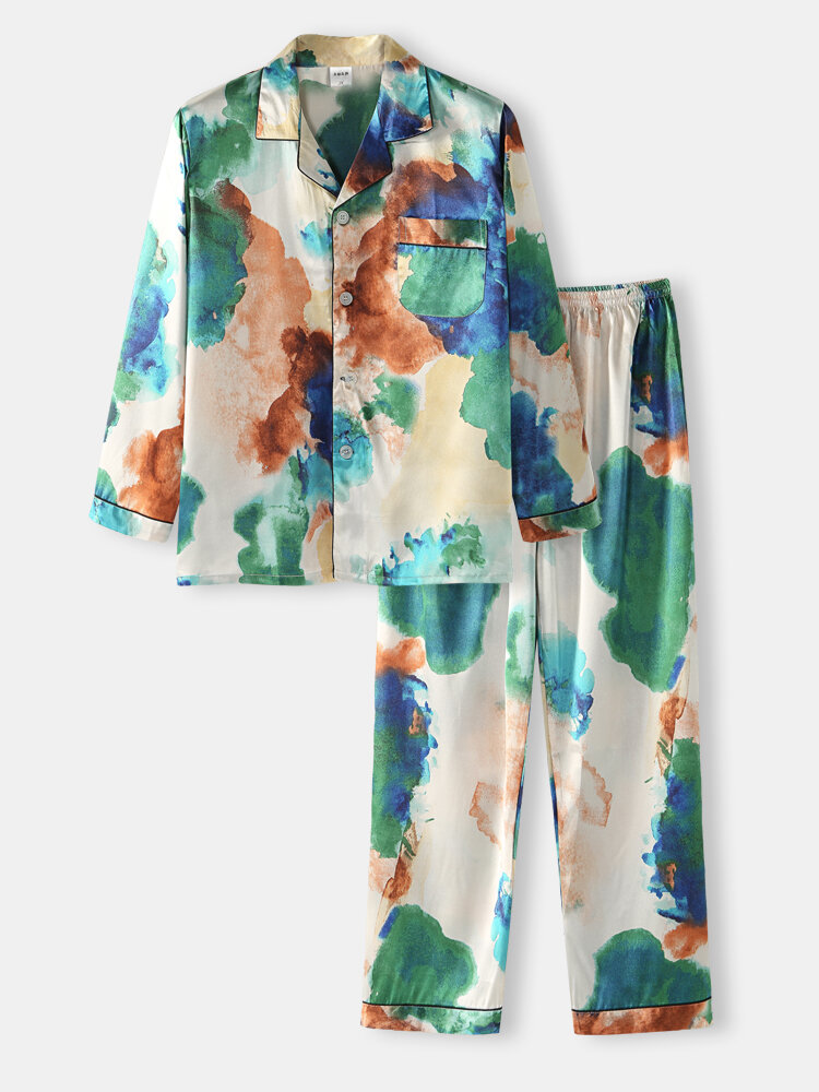 Tie Dye Faux Silk Lounge Homewear Sets Lightweight Lapel Collar Pajamas