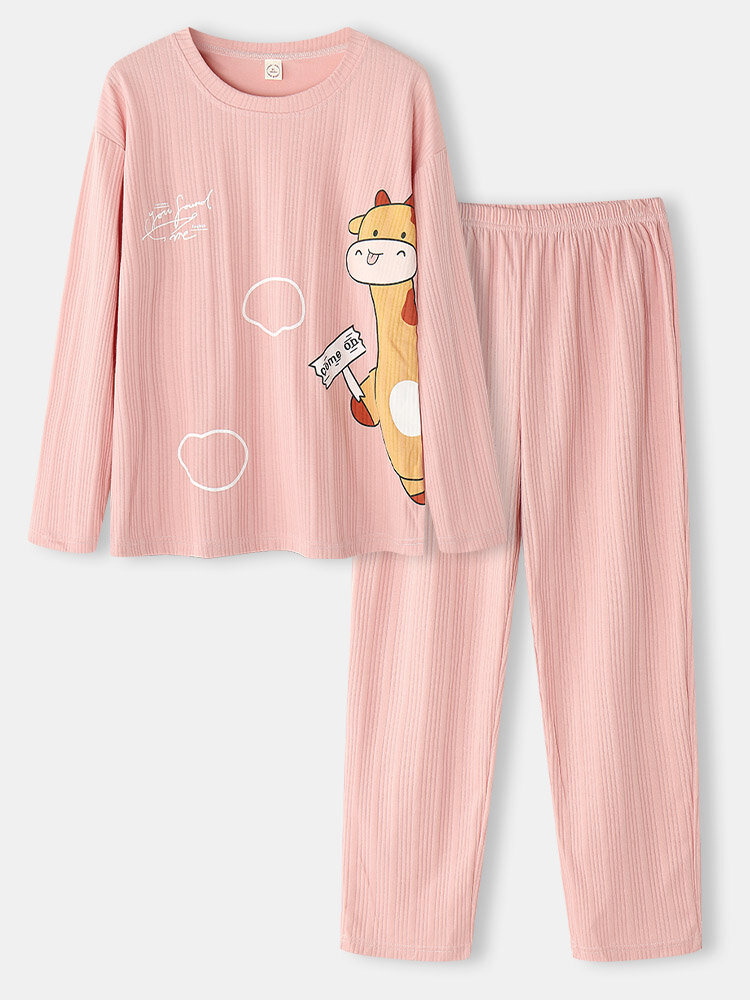 

Women Cartoon Animal Print Crew Neck Ribbed Cotton Pajamas Sets With Pocket, Pink;beige