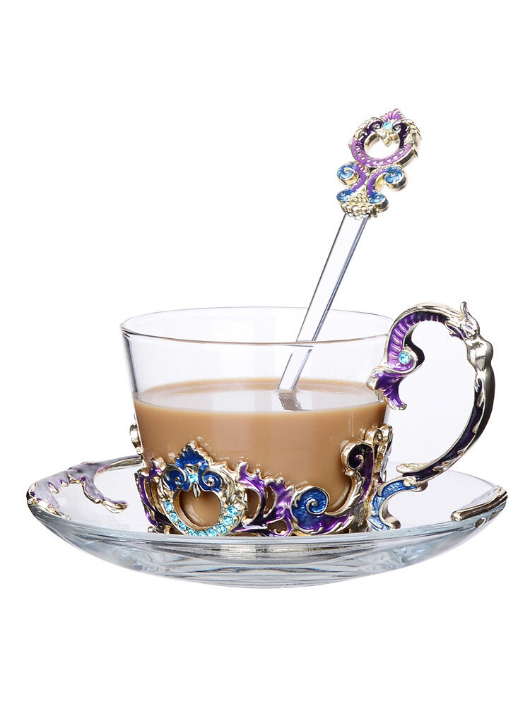 Enamel Flower Tea Cup Set Glass Coffee Mug Drinkware Gifts