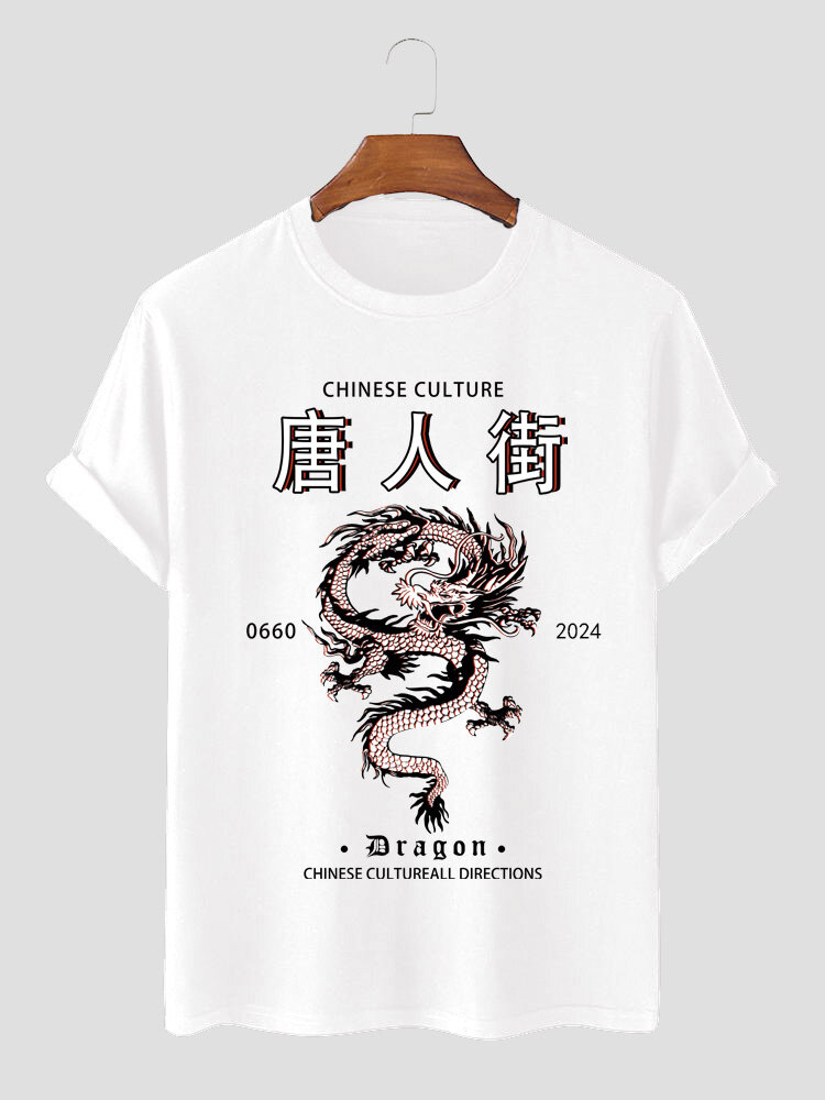 Camisetas masculinas chinesas Dragão estampadas com gola redonda e manga curta