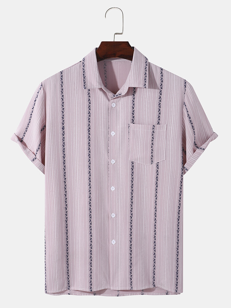 Mens Striped Pattern Button Up Casual Short Sleeve Shirts