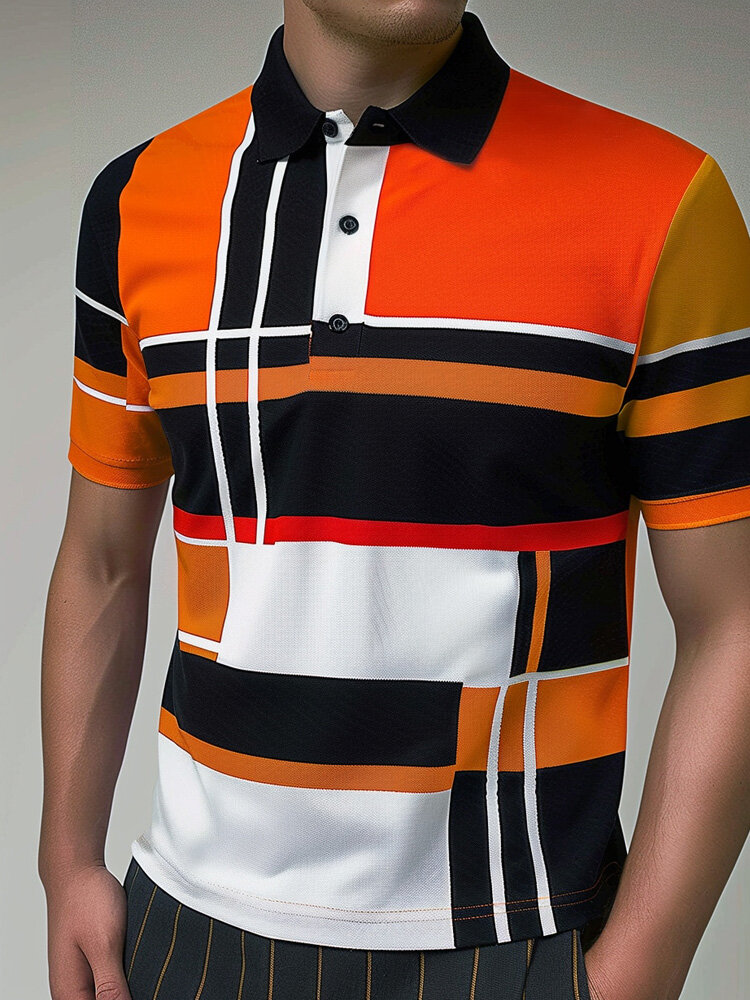 Camisas de golfe masculinas geométricas coloridas patchwork de manga curta
