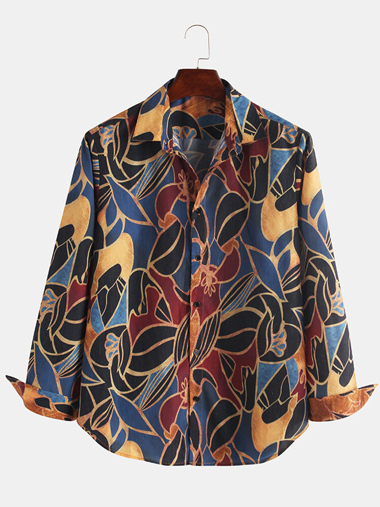 Mens Ethnic Style Colorful Printing Long Sleeve Turndown Collar Loose Casual Shirt